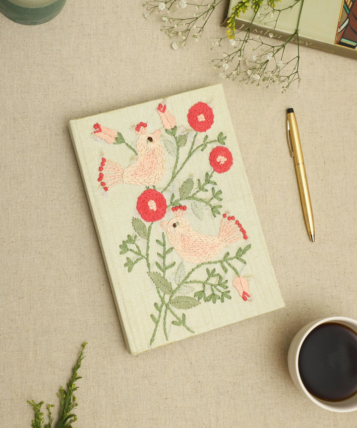 Fennel Green Dupion Bird Hand Embroidered Diary