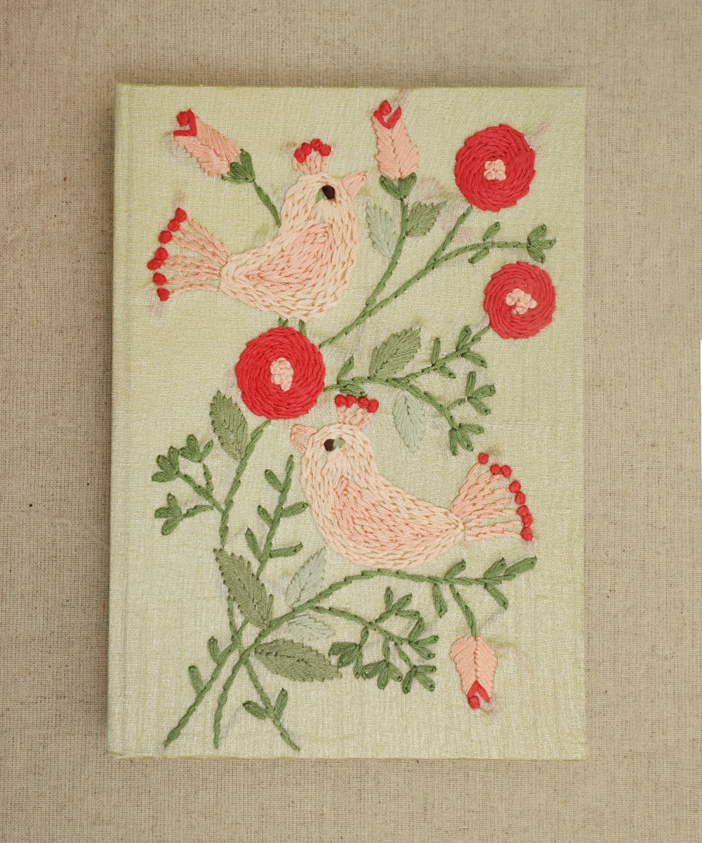 Fennel Green Dupion Bird Hand Embroidered Diary