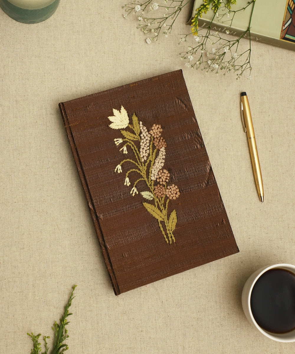 Dark Brown Floral Viscose Hand Embroidered Diary