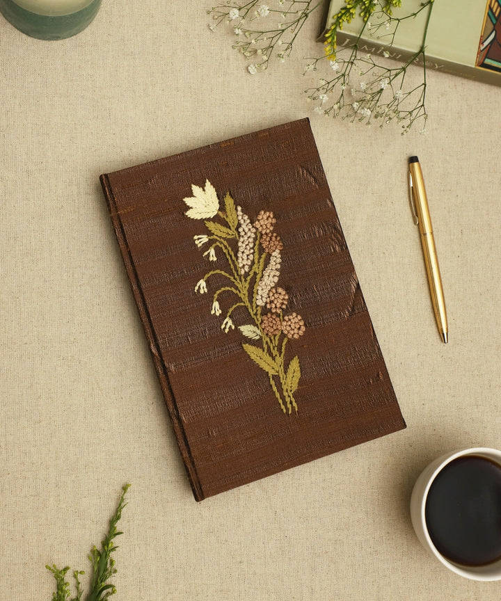 Dark Brown Floral Viscose Hand Embroidered Diary