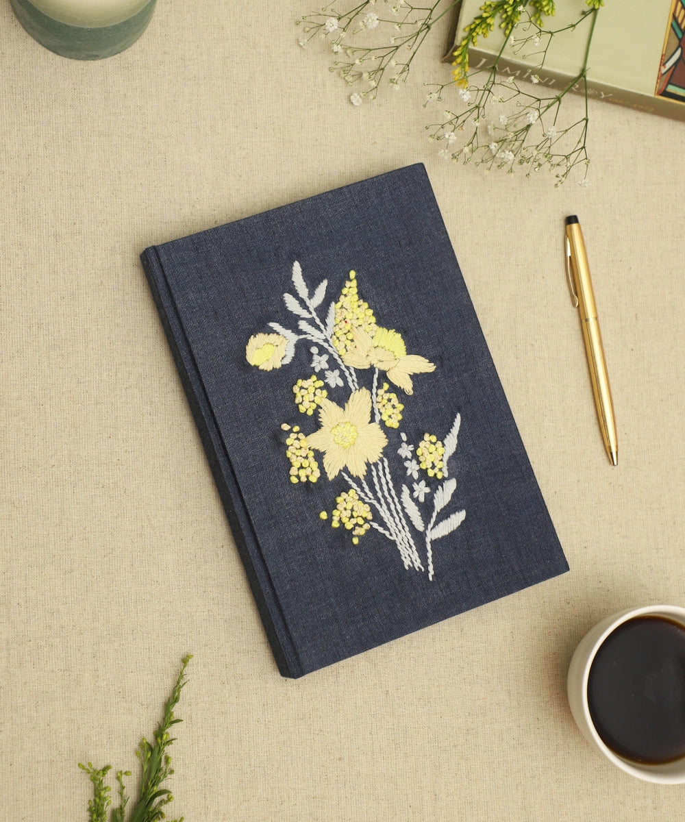 Deep Blue Floral Cotton Hand Embroidered Diary