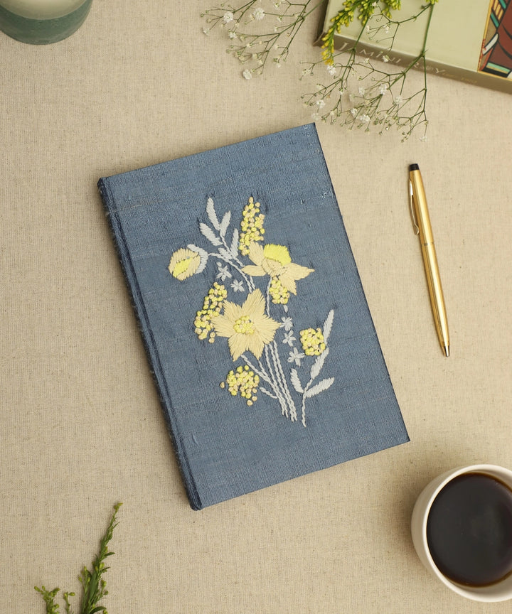 Ocean Blue Floral Dupion Hand Embroidered Diary