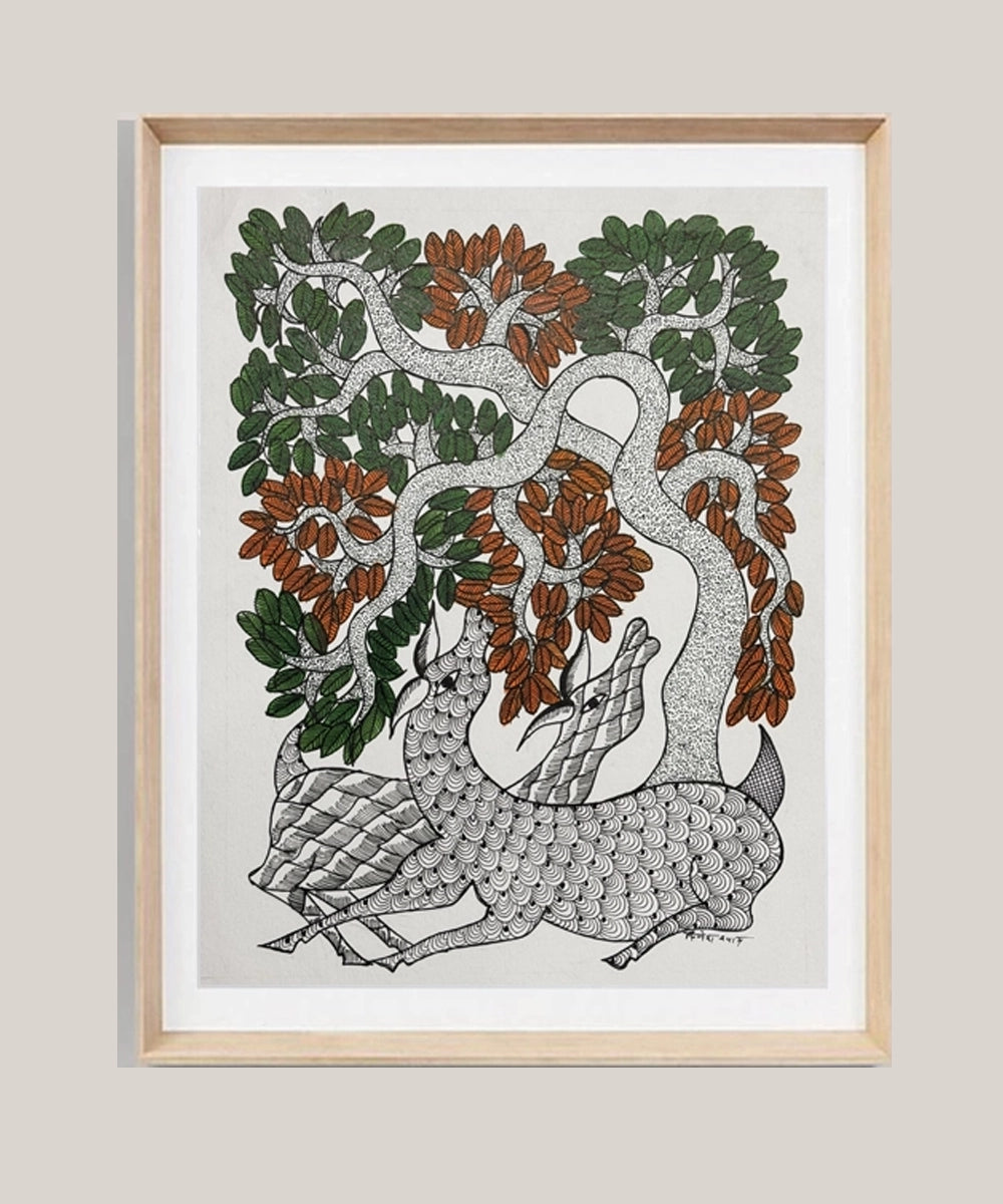 Gond Painting |Two Deer | 11.5 x 15 Inches | Unframed