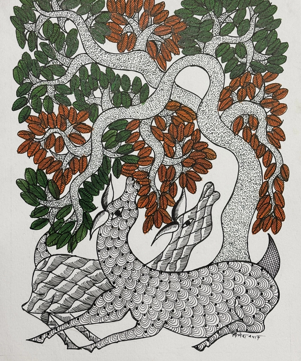 Gond Painting |Two Deer | 11.5 x 15 Inches | Unframed