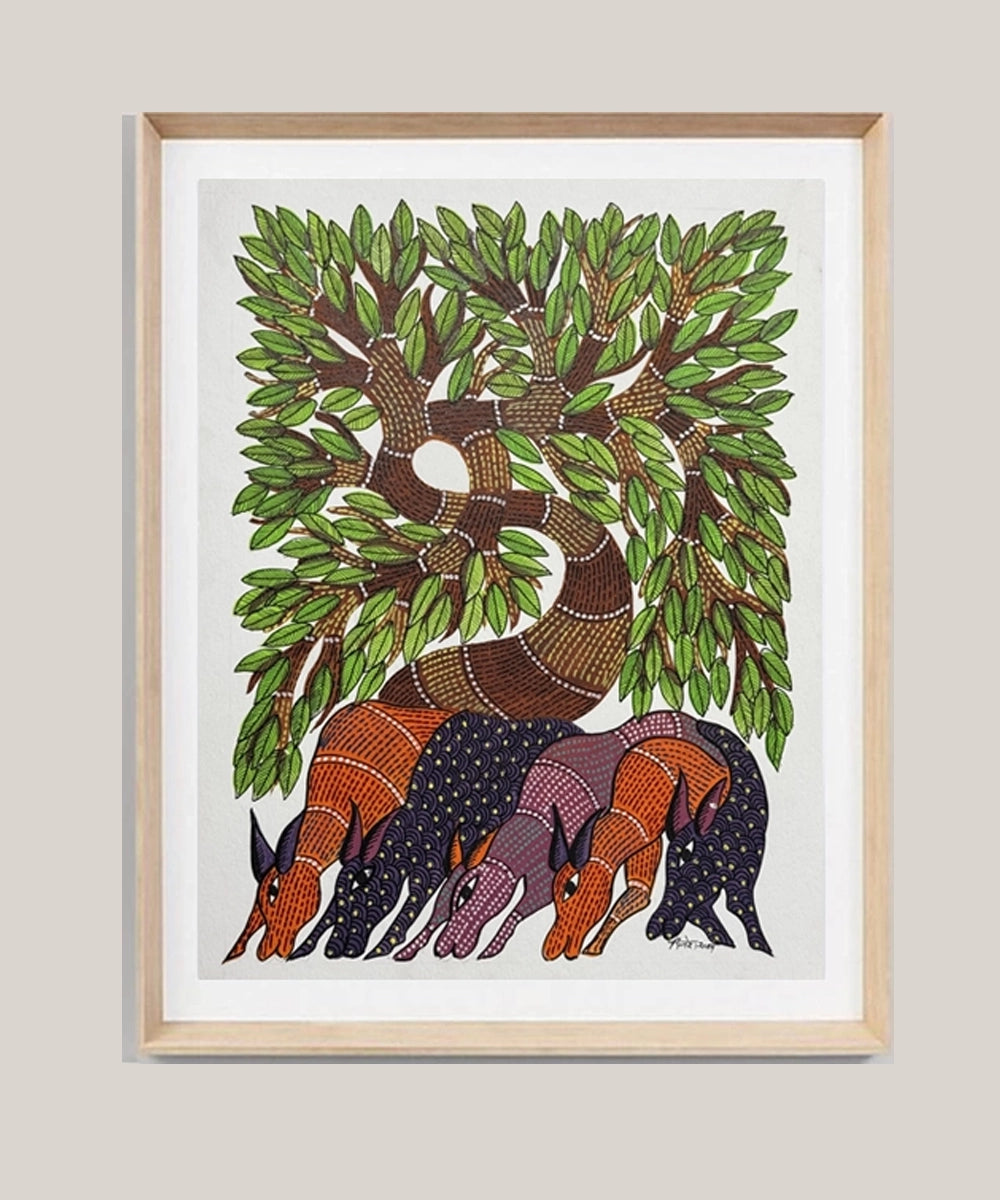 Gond Painting | Four Deer | 11.5 x 15 Inches | Unframed