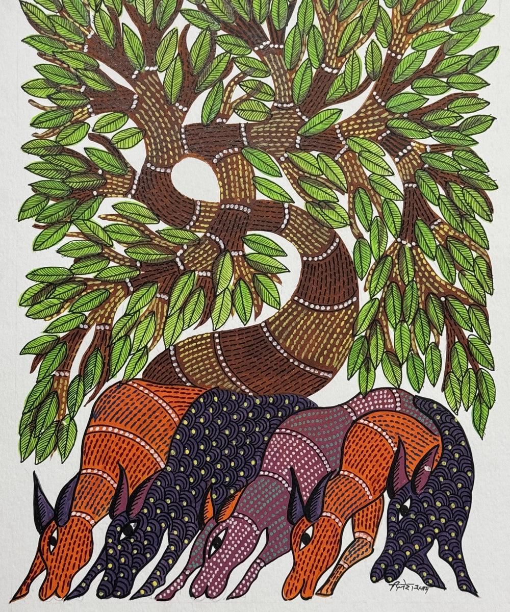 Gond Painting | Four Deer | 11.5 x 15 Inches | Unframed