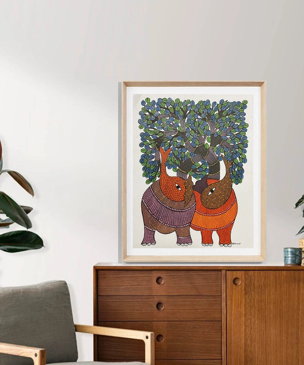 Gond Painting | Two Elephant | 11.5 x 15 Inches | Unframed