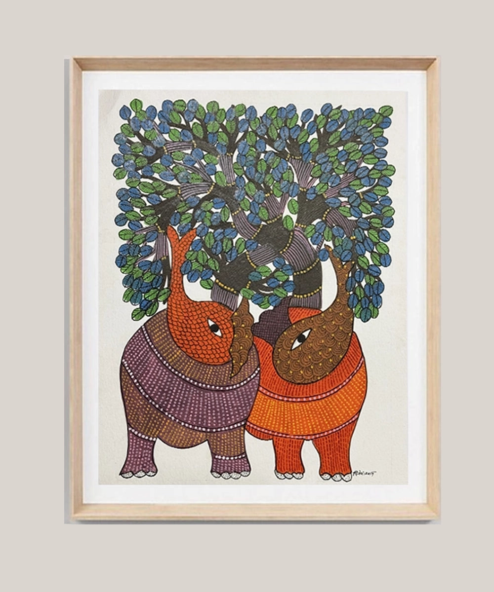 Gond Painting | Two Elephant | 11.5 x 15 Inches | Unframed