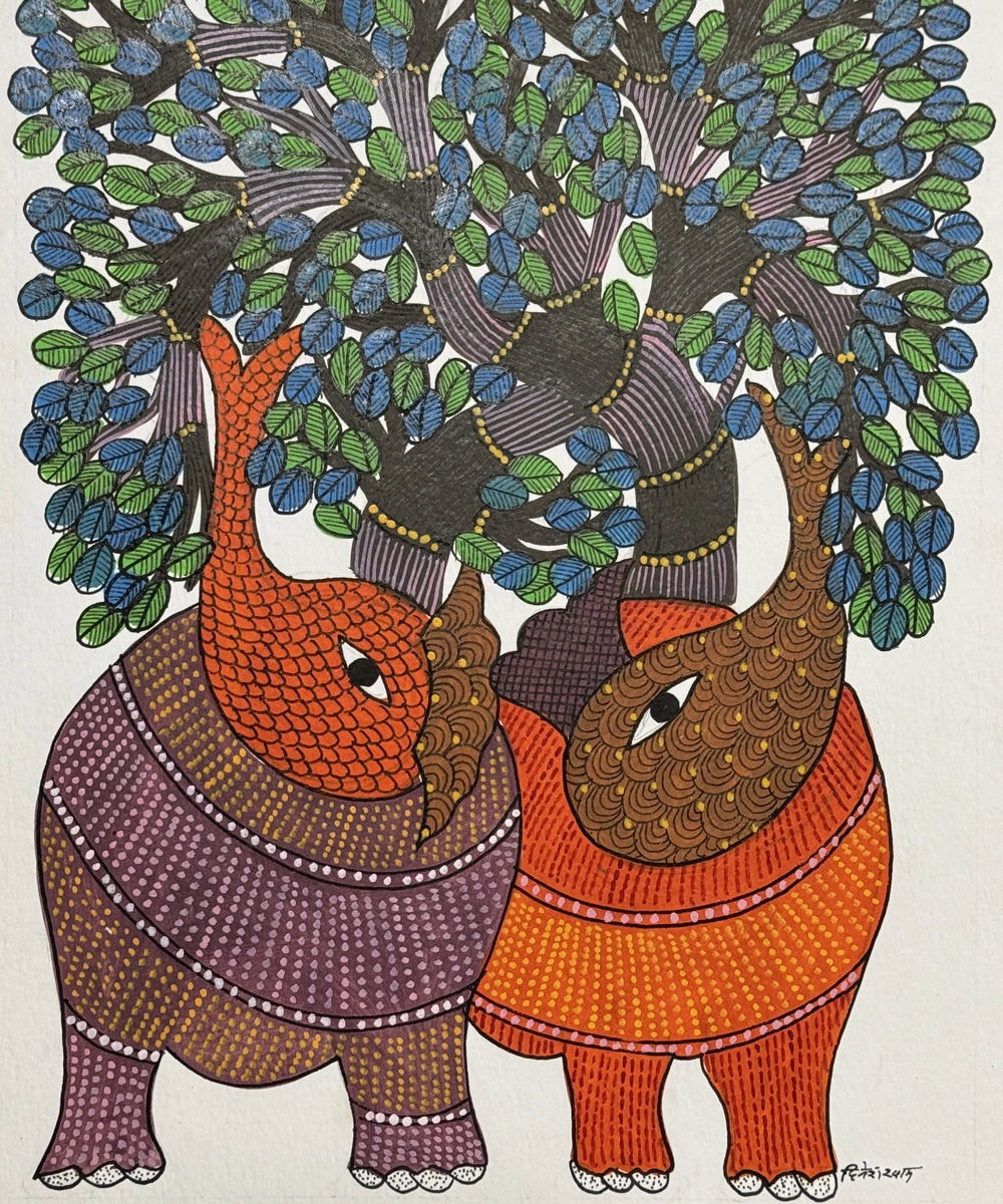 Gond Painting | Two Elephant | 11.5 x 15 Inches | Unframed