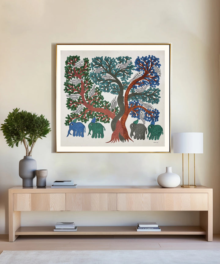 Gond Painting | Elephants & Trees | 2.5 x 2.5 Feet | Unframed