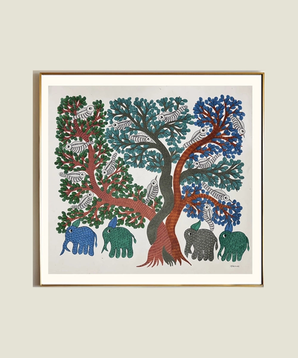 Gond Painting | Elephants & Trees | 2.5 x 2.5 Feet | Unframed