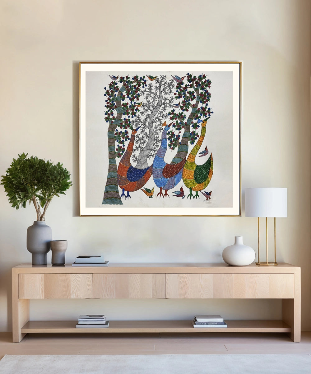 Gond Painting | 3 Peacock & Tree | 2.5 x 2.5 Feet | Unframed