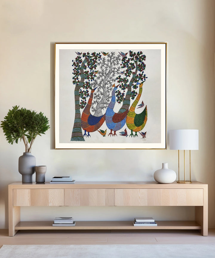 Gond Painting | 3 Peacock & Tree | 2.5 x 2.5 Feet | Unframed