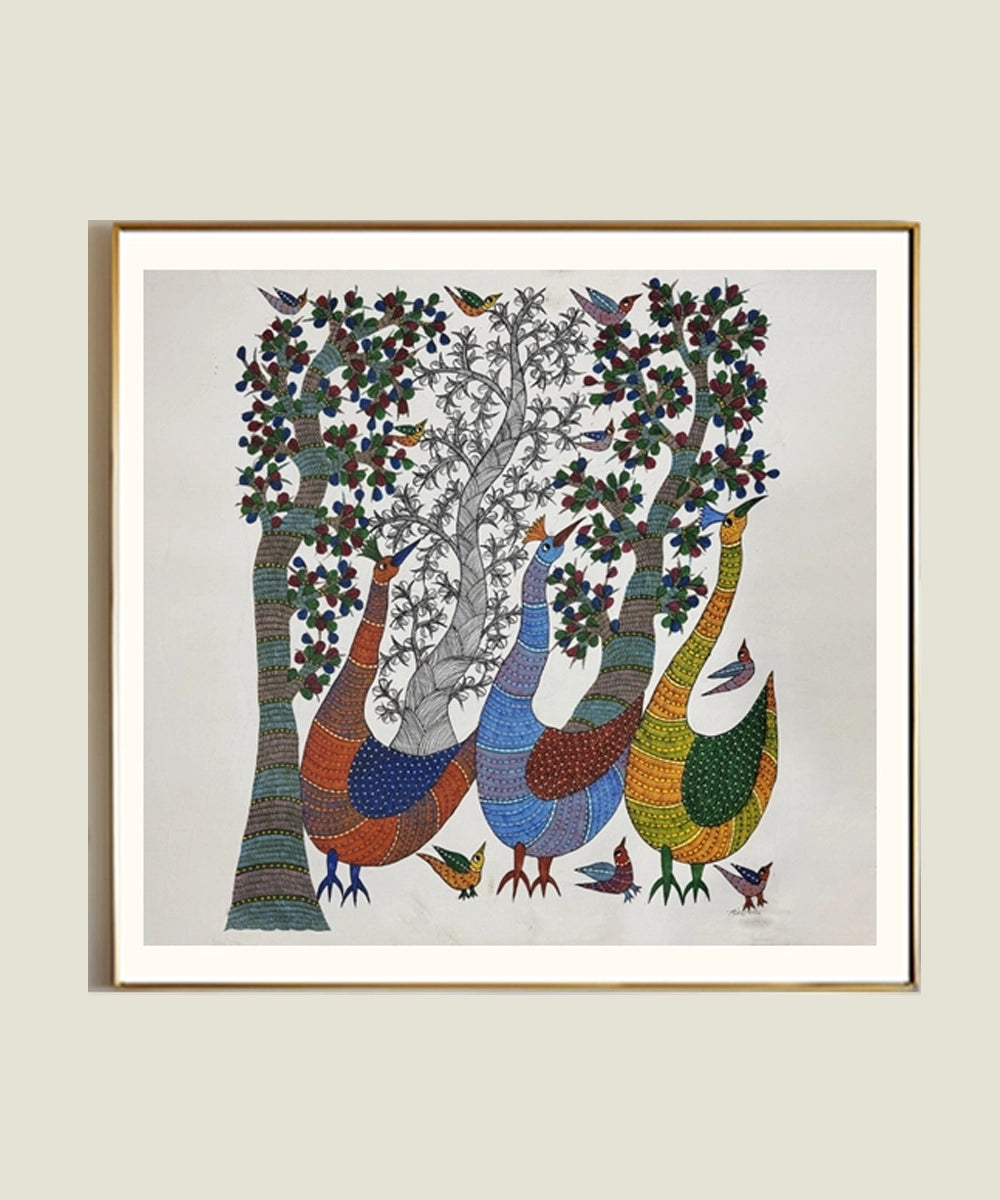 Gond Painting | 3 Peacock & Tree | 2.5 x 2.5 Feet | Unframed