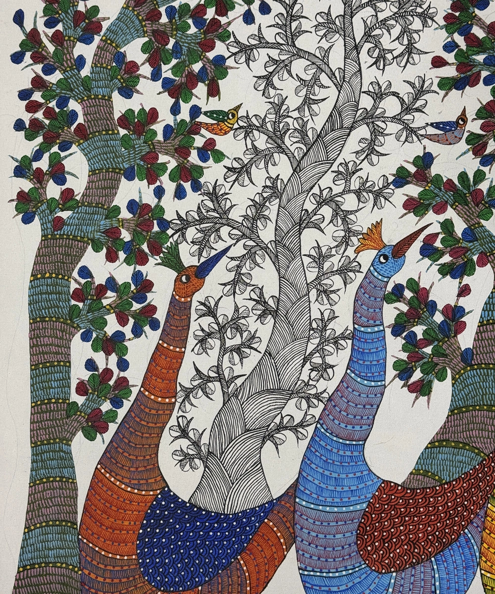 Gond Painting | 3 Peacock & Tree | 2.5 x 2.5 Feet | Unframed