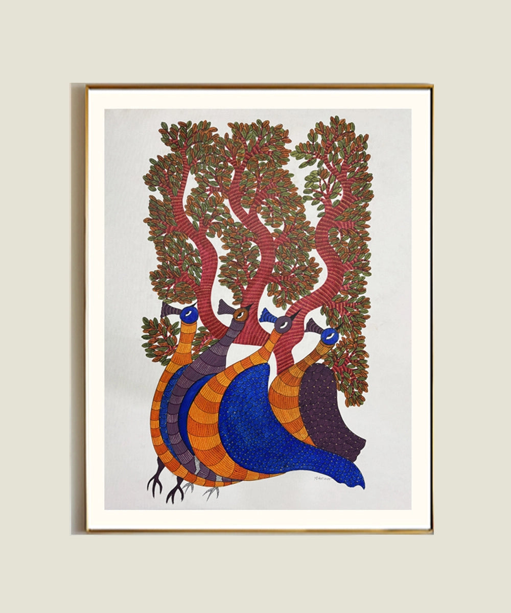 Gond Painting | Peacocks & Tree | 2 x 3 Feet | Unframed