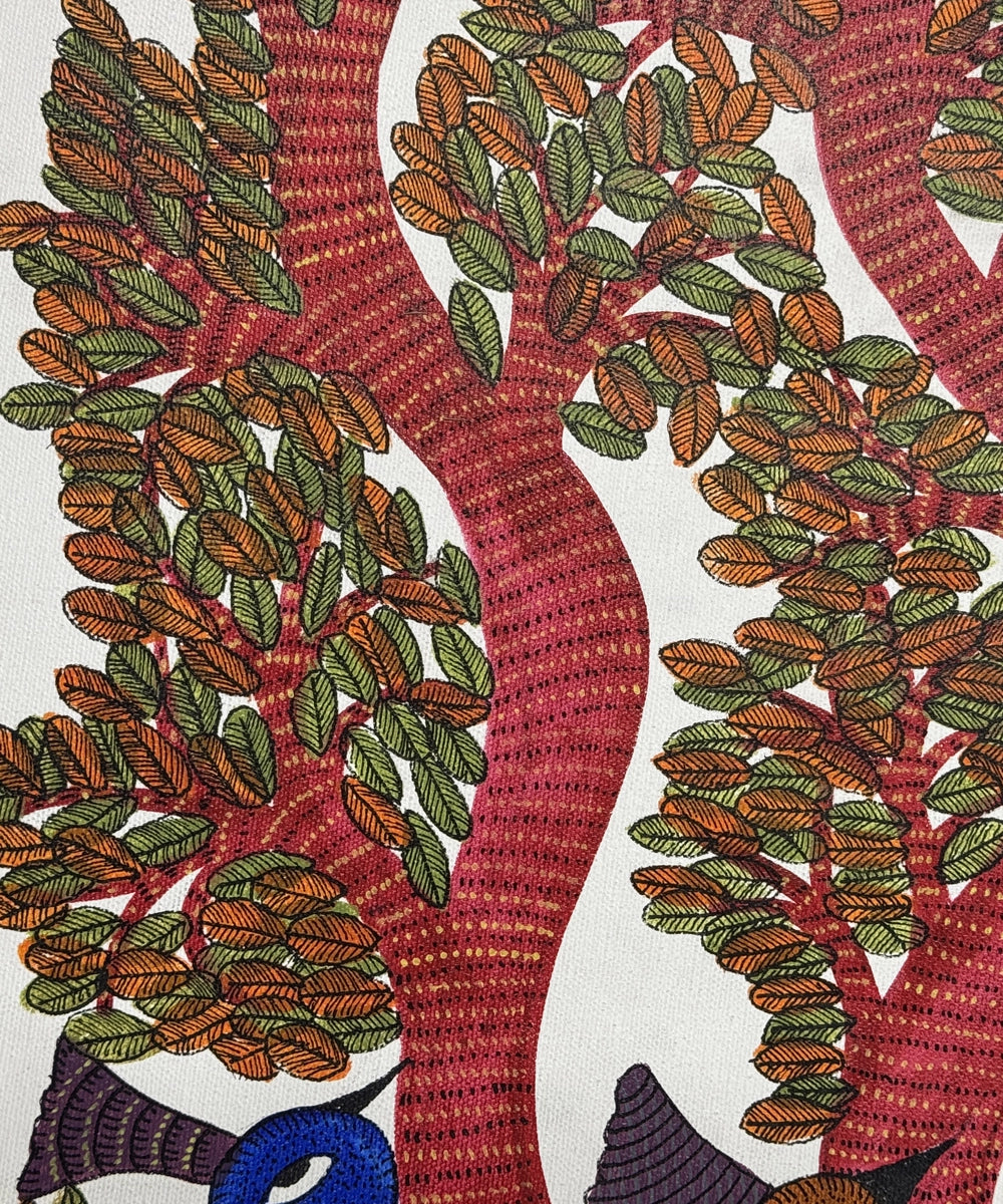 Gond Painting | Peacocks & Tree | 2 x 3 Feet | Unframed