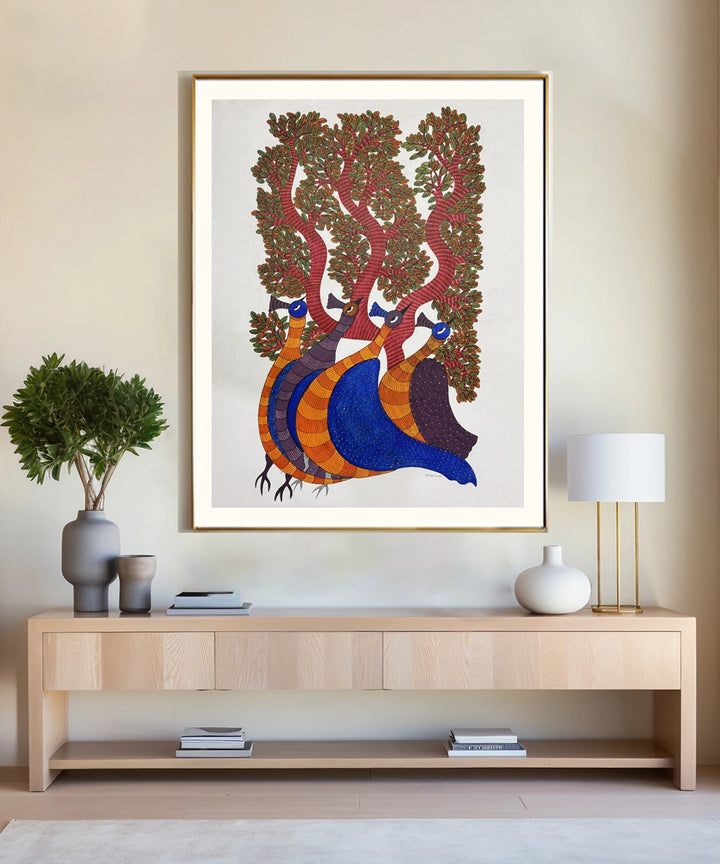 Gond Painting | Peacocks & Tree | 2 x 3 Feet | Unframed