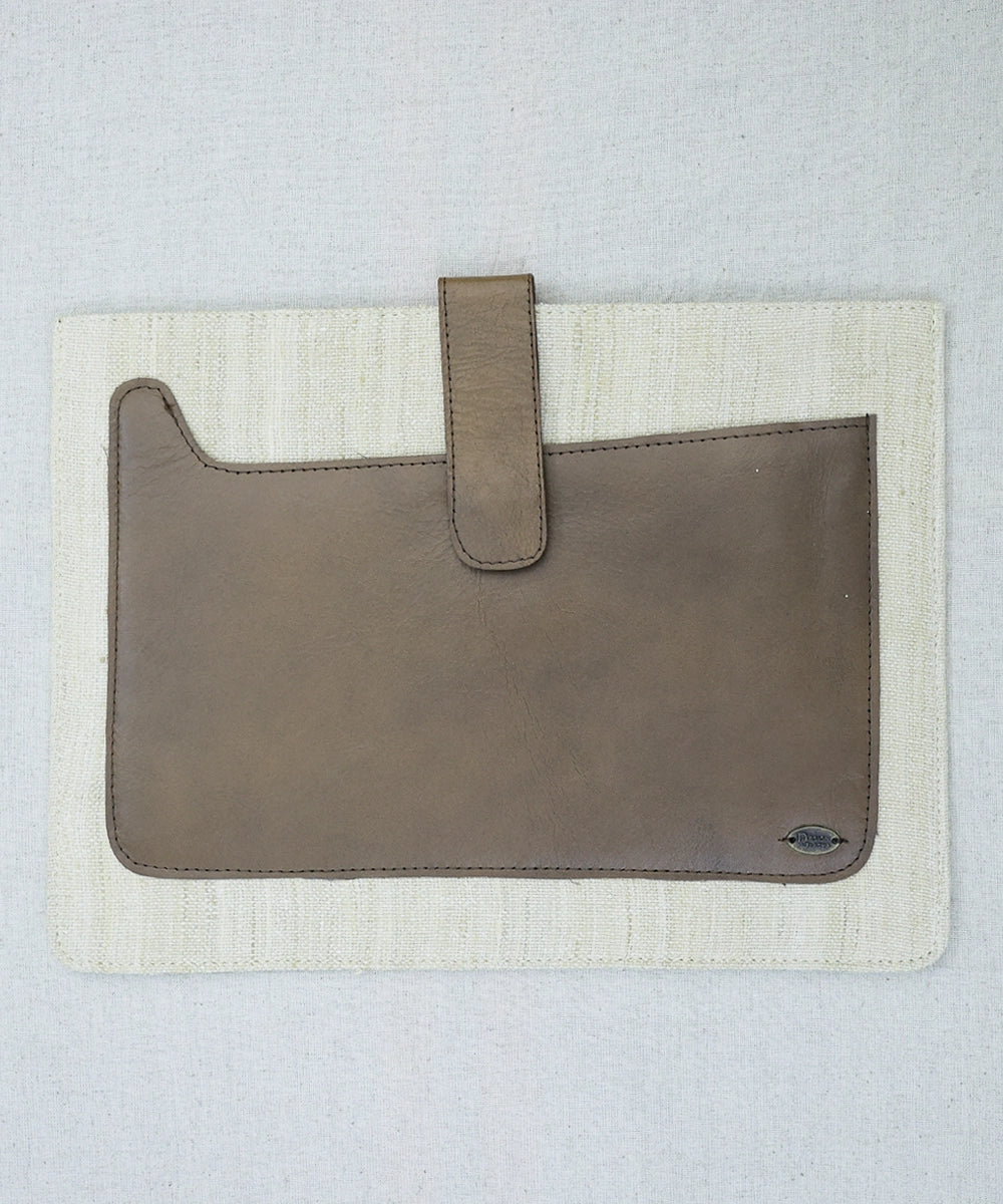 Genuine Brown Leather With 100% Cotton Handloom In Beige Yarn Dyed With Magnetic Closure And Leather Patch Pocket