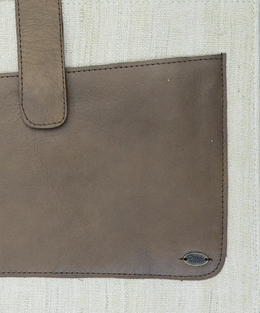 Genuine Brown Leather With 100% Cotton Handloom In Beige Yarn Dyed With Magnetic Closure And Leather Patch Pocket