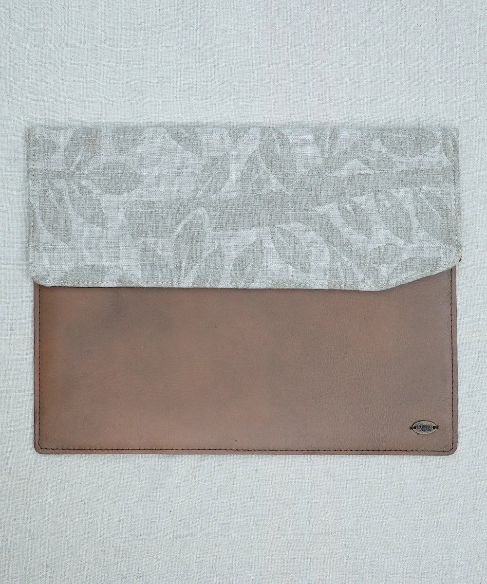 Genuine Brown Leather In Natural Grey Leaf Linen Jacquard With Front Flap Magnetic Closure And Back Pocket With Zip