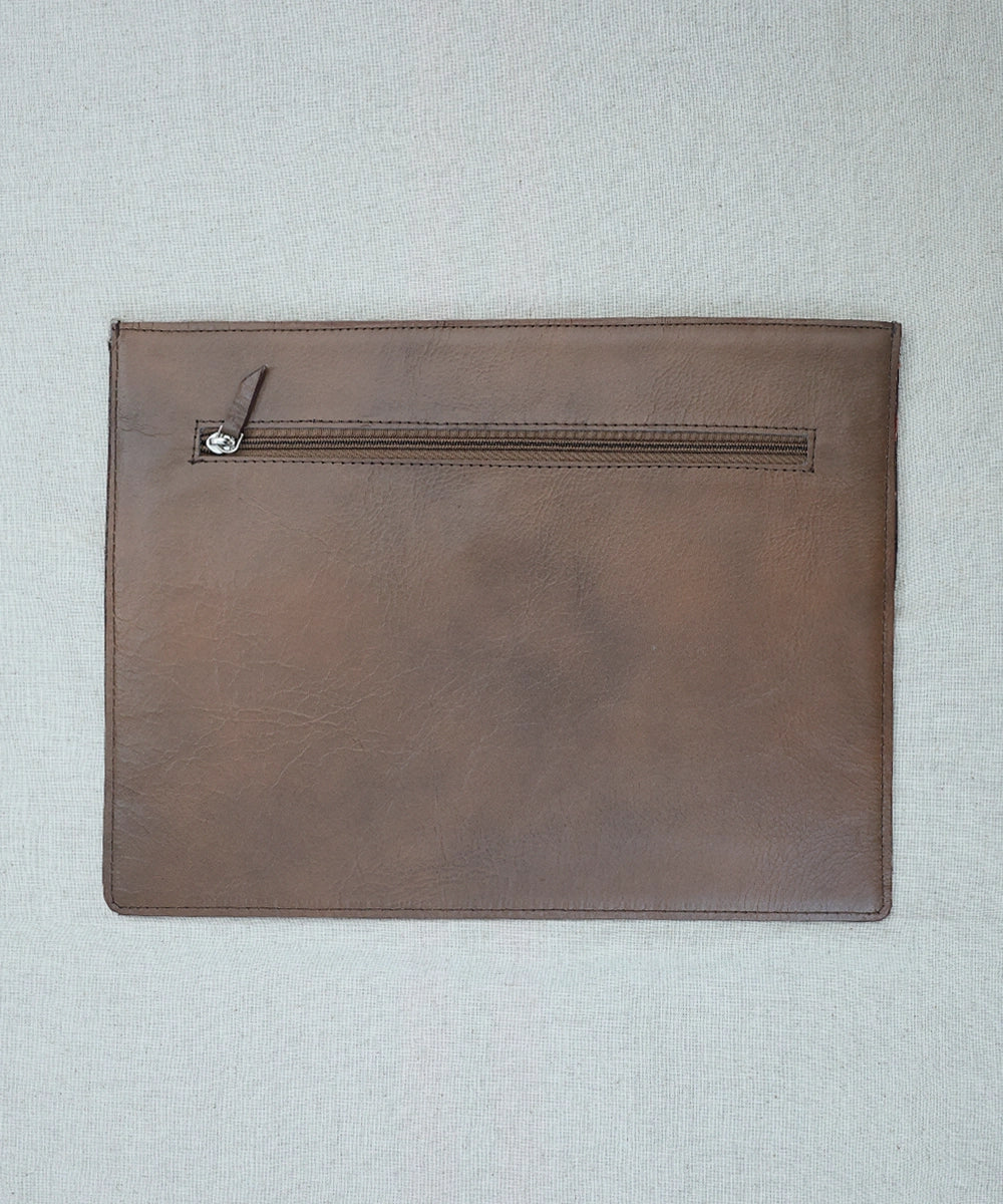 Genuine Brown Leather In Natural Grey Leaf Linen Jacquard With Front Flap Magnetic Closure And Back Pocket With Zip