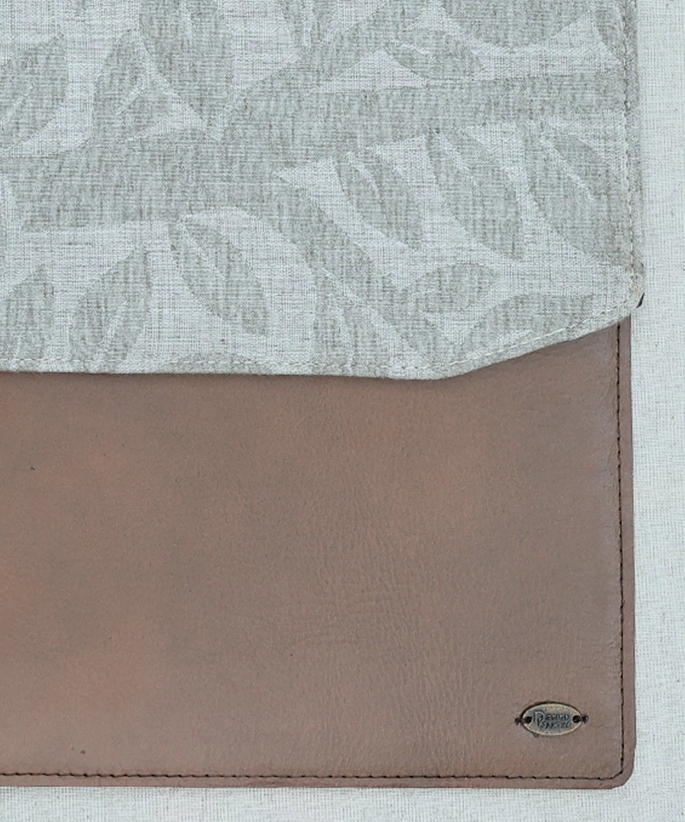 Genuine Brown Leather In Natural Grey Leaf Linen Jacquard With Front Flap Magnetic Closure And Back Pocket With Zip