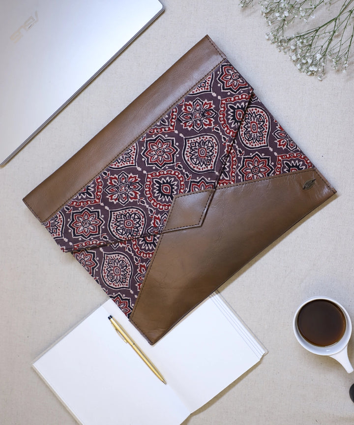 Genuine Brown Leather In Moroccan Maroon Modal Silk Hand Block Printed Ajrakh Fabric With Front Flap And Magnetic Closure