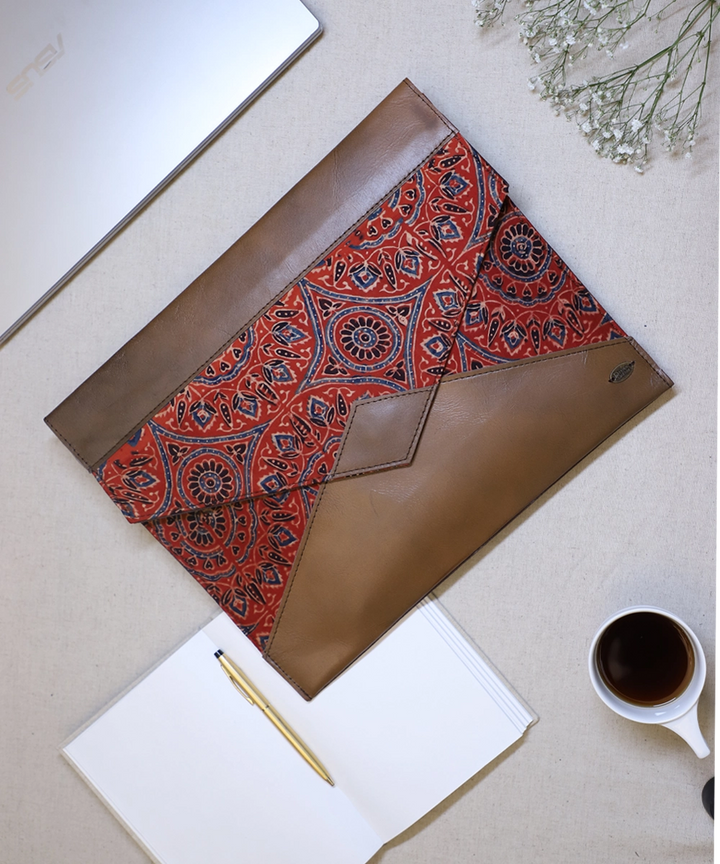 Genuine Brown Leather In Moroccan Burnt Orange Modal Silk Hand Block Printed Ajrakh Fabric With Front Flap And Magnetic Closure