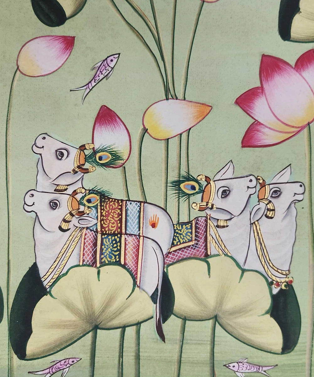 Pichwai Painting On Cloth| Lotus & Cow | 2x3 Feet | Unframmed