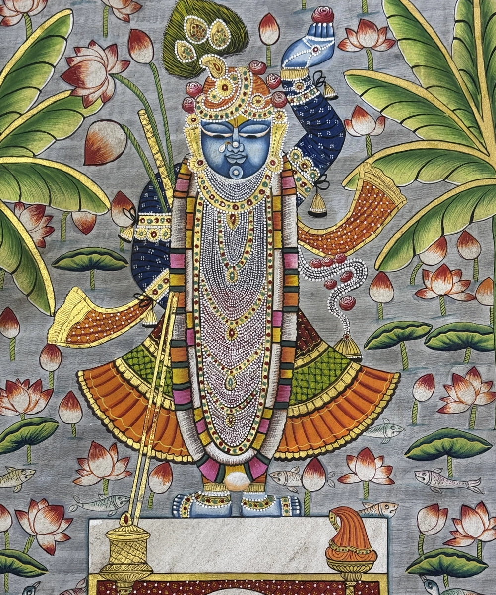 Pichwai Painting On Cloth| Shrinath & Lotus | 2x3 Feet | Unframmed