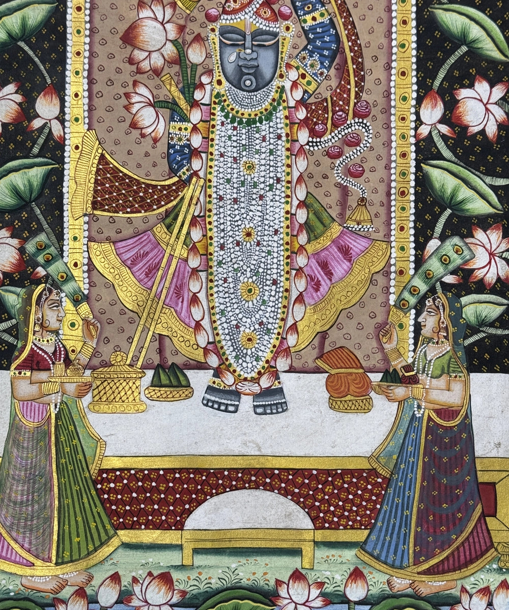 Pichwai Painting On Cloth| Shrinath & Lotus | 18x24 Inches | Unframmed