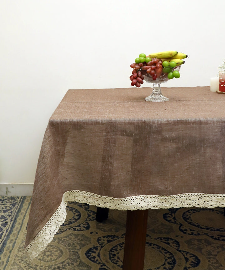 Brown Linen Gauze Solid Table Cloth with lace  60" x 90"