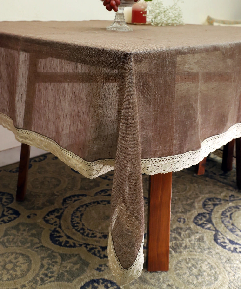 Brown Linen Gauze Solid Table Cloth with lace  60" x 90"