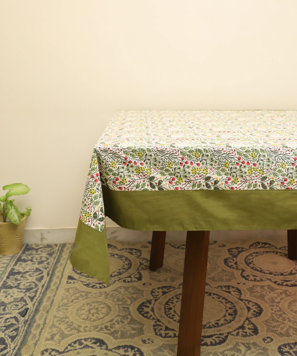 6 Seater Multi Floral Printed Cotton Table Cover with Solid Olive (60"x90")