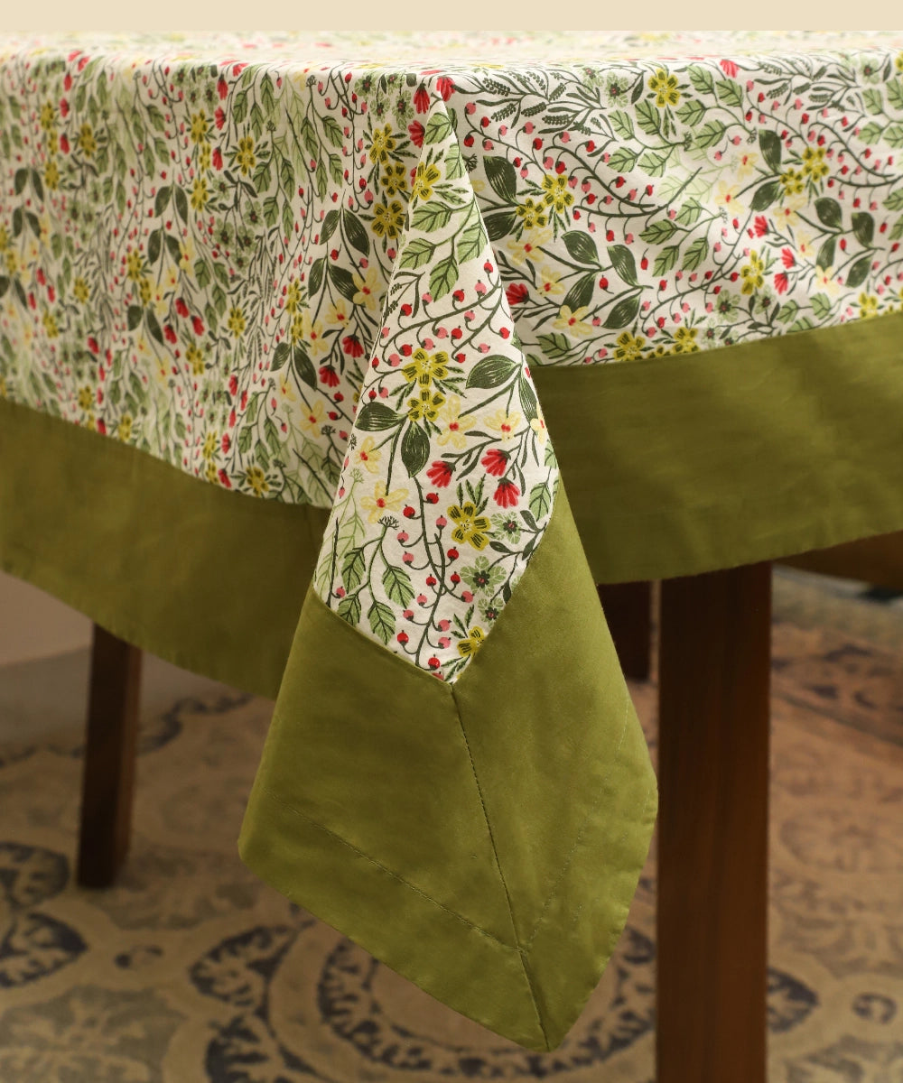 6 Seater Multi Floral Printed Cotton Table Cover with Solid Olive (60"x90")