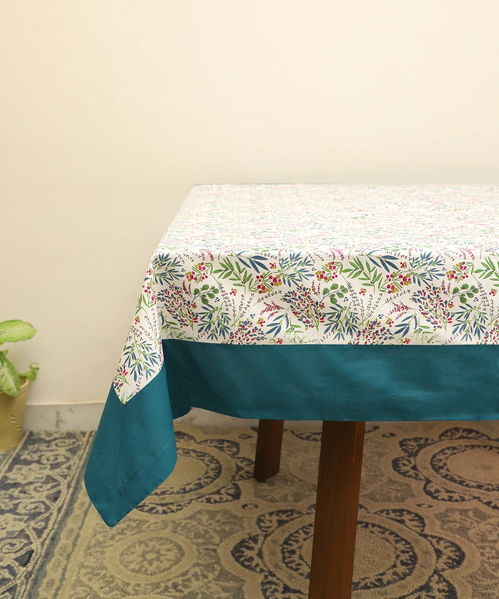 6 Seater Multi Floral Printed Cotton Table Cover with Solid Ocean Green (60"x90")