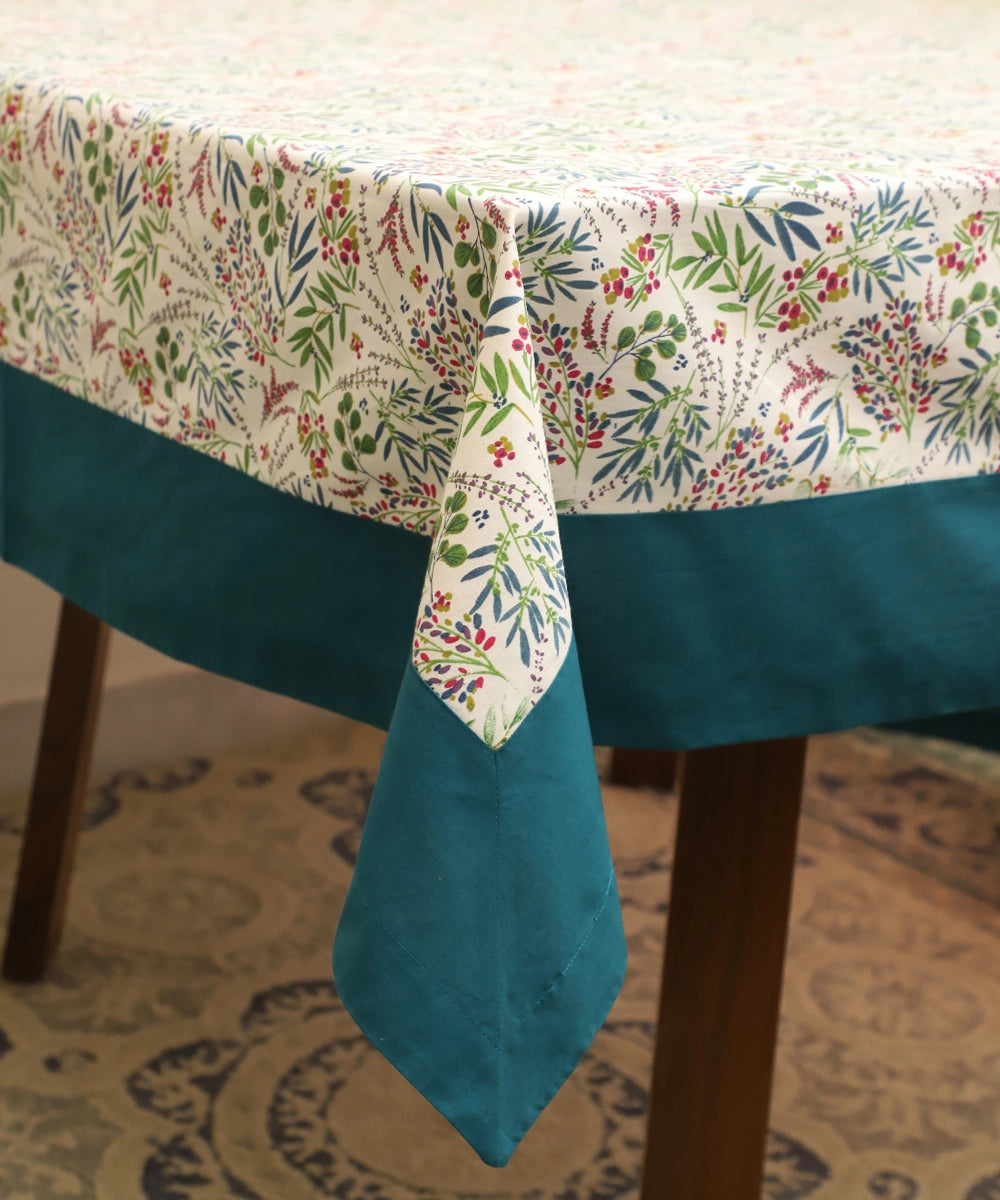 6 Seater Multi Floral Printed Cotton Table Cover with Solid Ocean Green (60"x90")