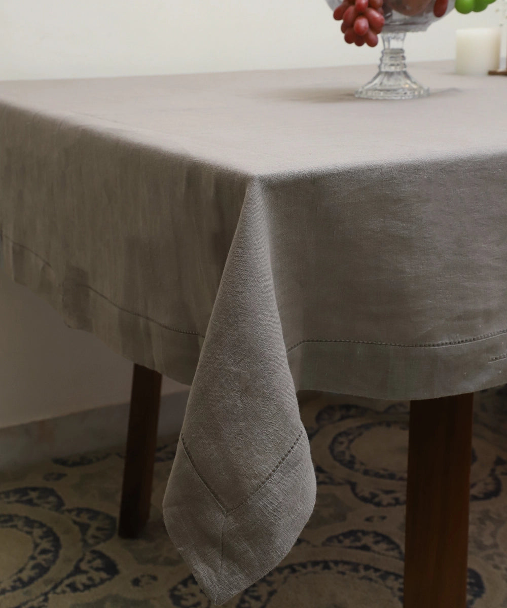 Dark Grey Linen Blend Solid Table Cloth with Faggoting  (60" x 90")