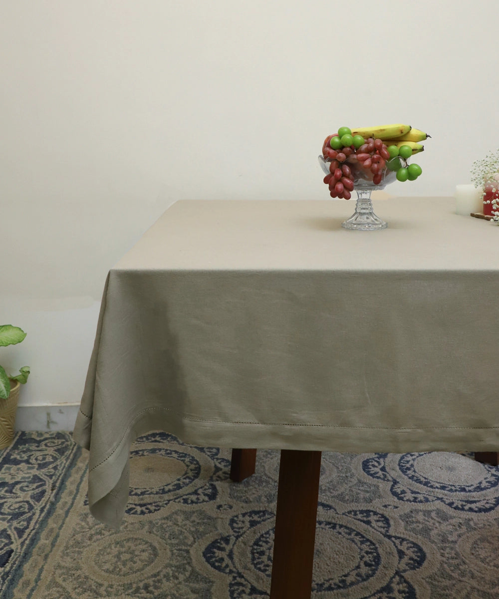 Greyish Blue Linen Blend Solid Table Cloth with Faggoting  (60" x 90")