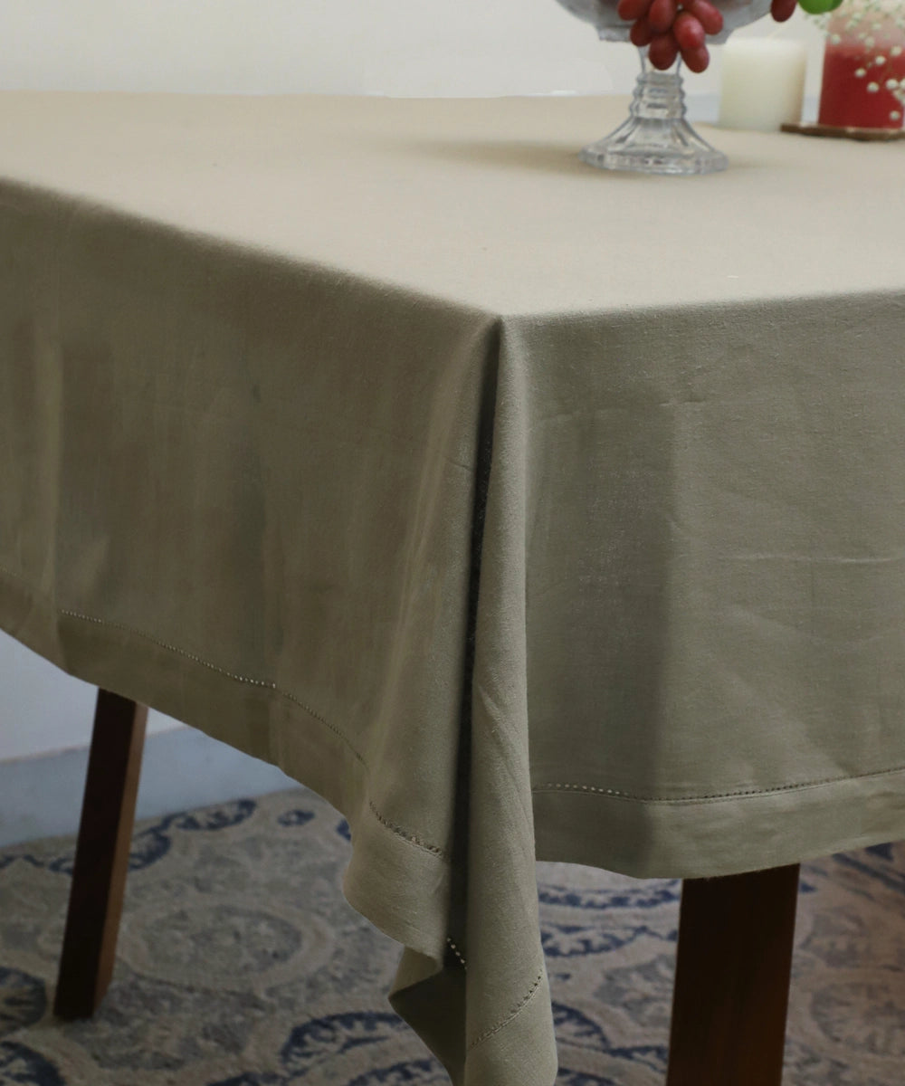 Greyish Blue Linen Blend Solid Table Cloth with Faggoting  (60" x 90")