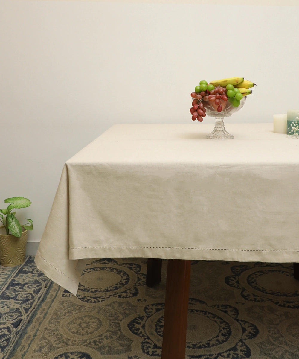 Beige Linen Blend Solid Table Cloth with Faggoting  (60" x 90")