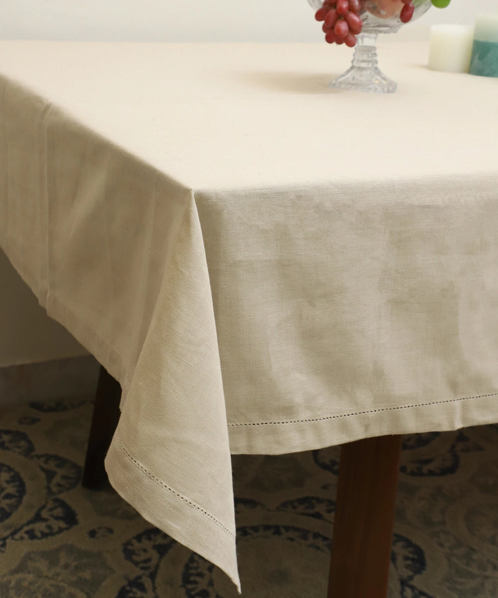 Beige Linen Blend Solid Table Cloth with Faggoting  (60" x 90")