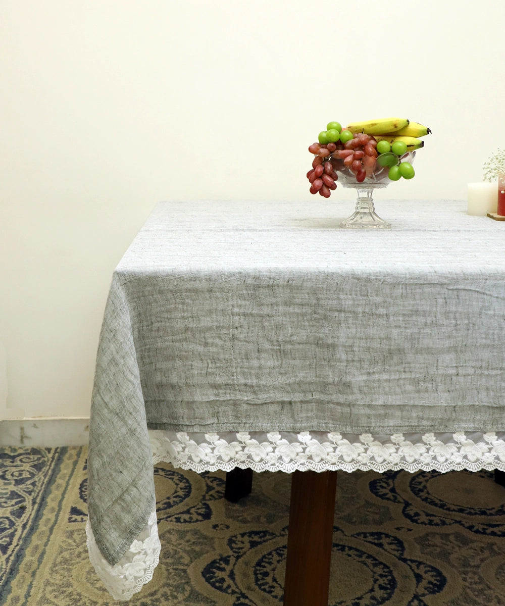 Light Grey Linen Gauze (Double Layer) Solid Table Cloth with lace  60" x 90"