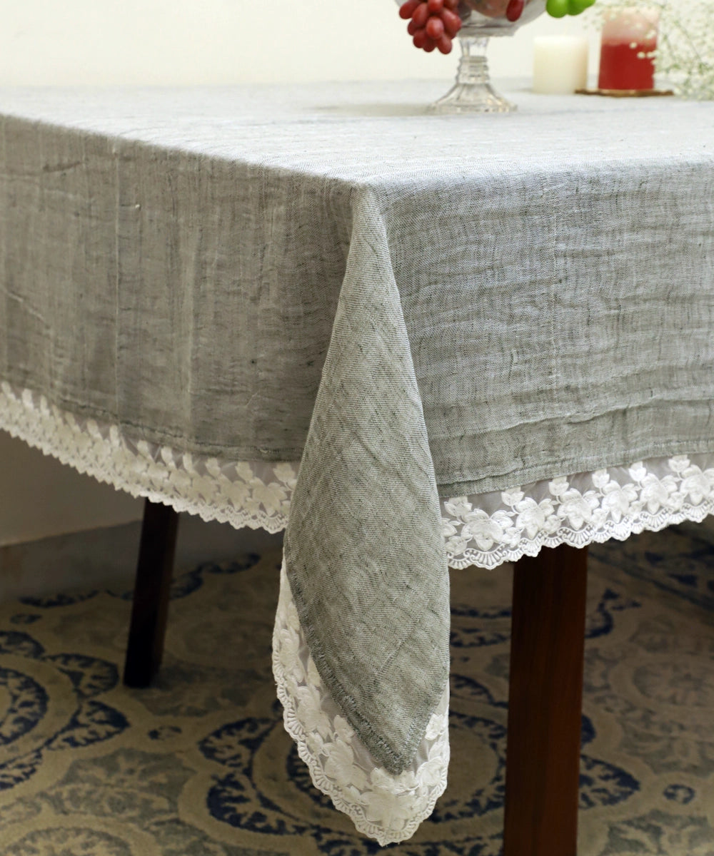 Light Grey Linen Gauze (Double Layer) Solid Table Cloth with lace  60" x 90"