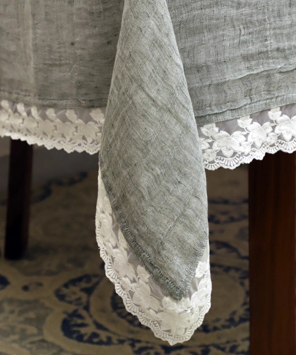 Light Grey Linen Gauze (Double Layer) Solid Table Cloth with lace  60" x 90"