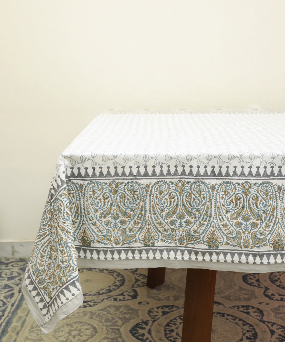 6 Seater Hand Block Printed Paisley Turquoise & Grey Cotton Table Cloth (60" x 90")