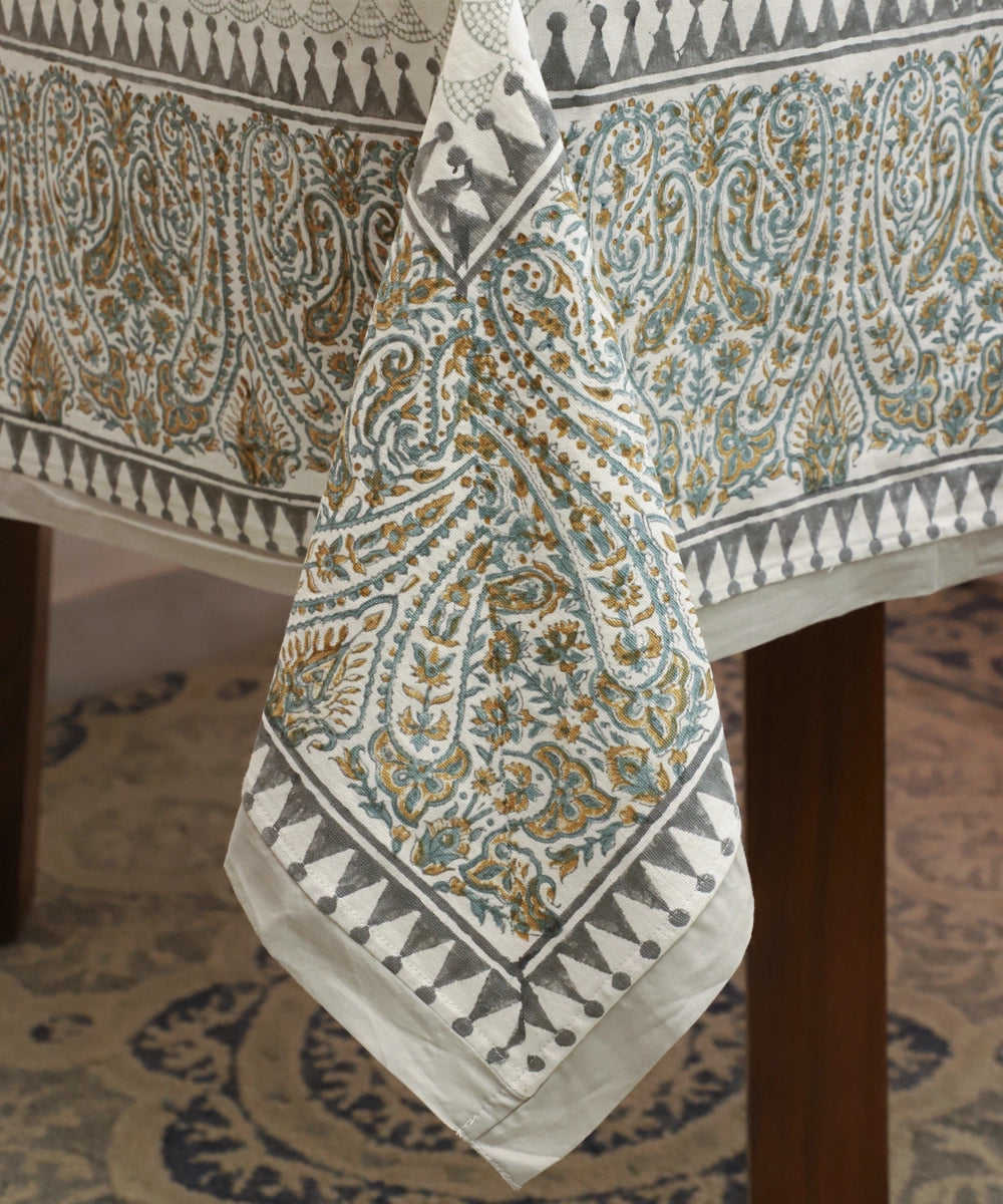 6 Seater Hand Block Printed Paisley Turquoise & Grey Cotton Table Cloth (60" x 90")