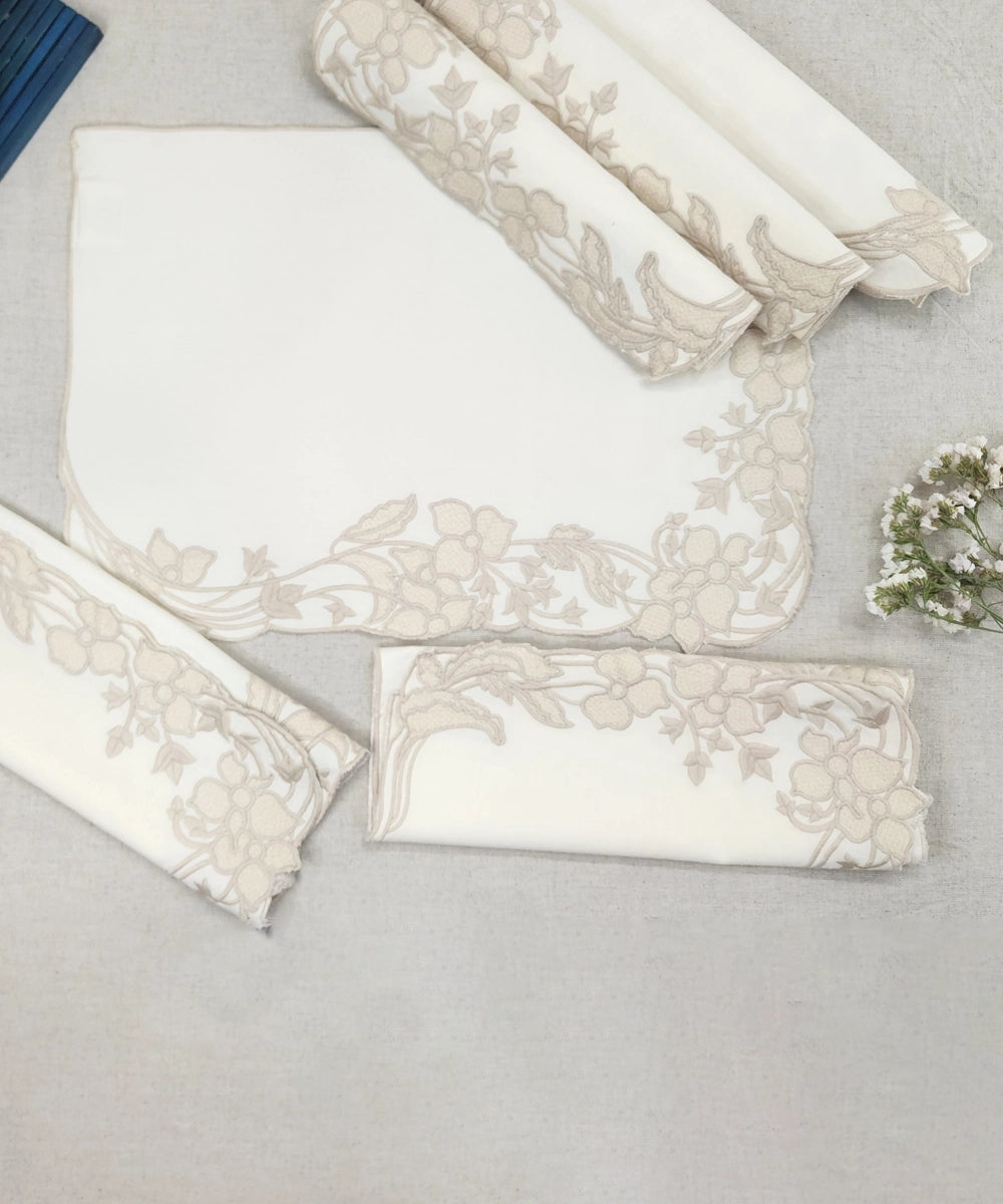 Set Of 6 Cream Embroidery with Cutwork Cotton Casement Table Mats