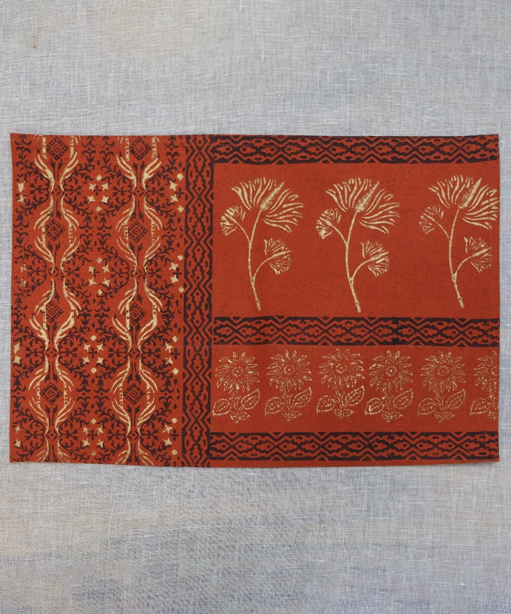 Set of 6 Burnt Orange Cotton Canvas  Hand Block Printed Table Mats